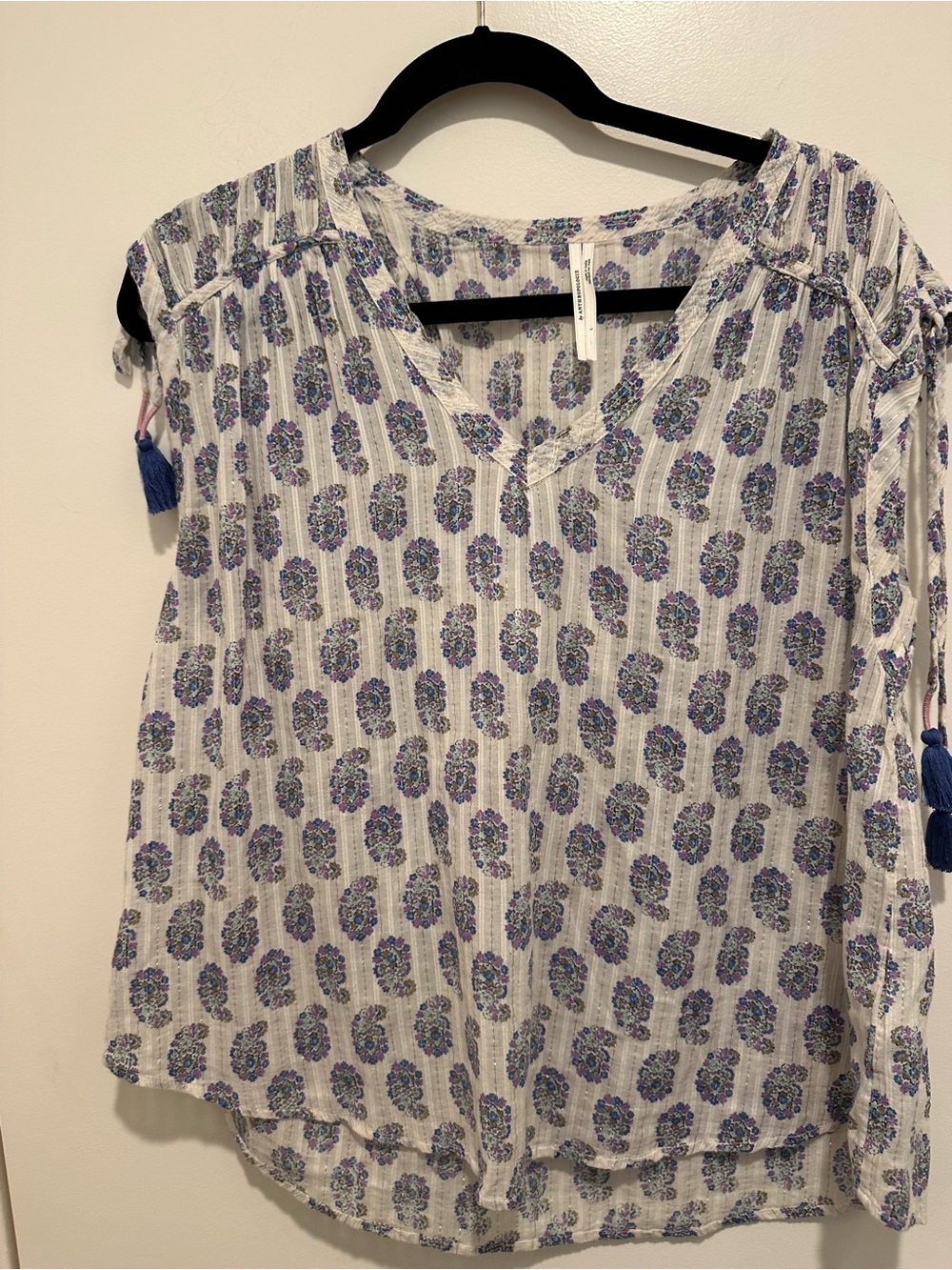 Anthropologie White Tunic with Blue and Purple Paisley Print